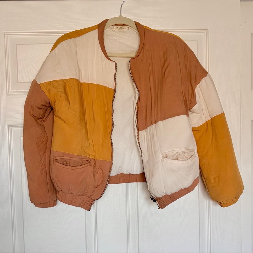 Roolee Peach, Cream, & Tangerine Orange Puffy Color Block Bomber Jacket — Size S